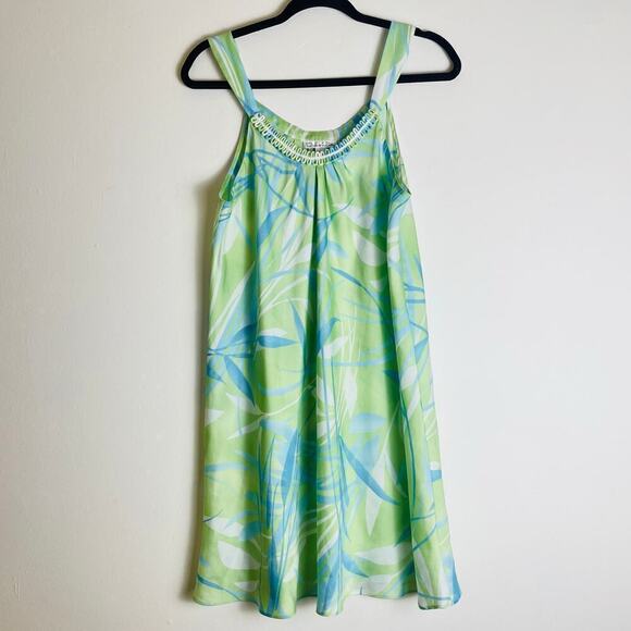 Oscar de la Renta Babydoll Dress Short Blue Green Leaf Print Flowy Beach size M - Picture 1 of 6